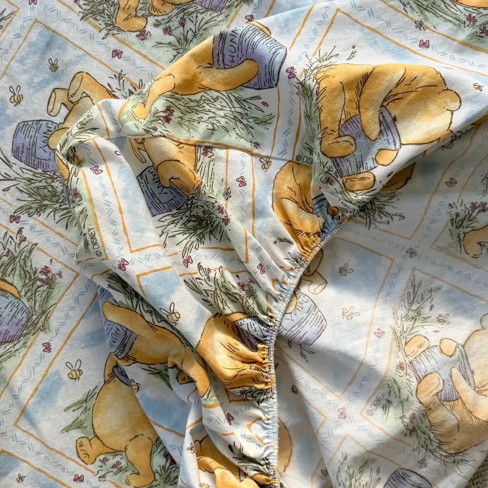 Vtg Disney Winnie the Pooh Double Fitted Sheet Vintage Honey Pot Blue 54